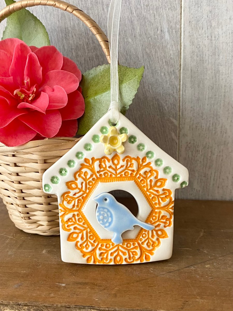 Ceramic bird house decoration orange