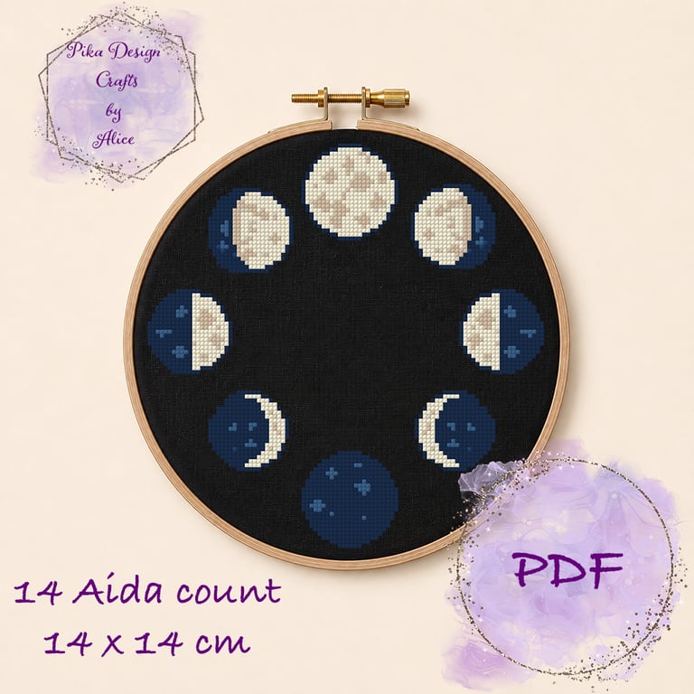 Moon phases counted cross stitch pattern Emailed pdf