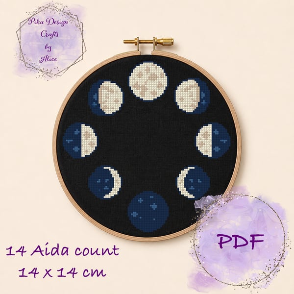 Moon phases counted cross stitch pattern Emailed pdf