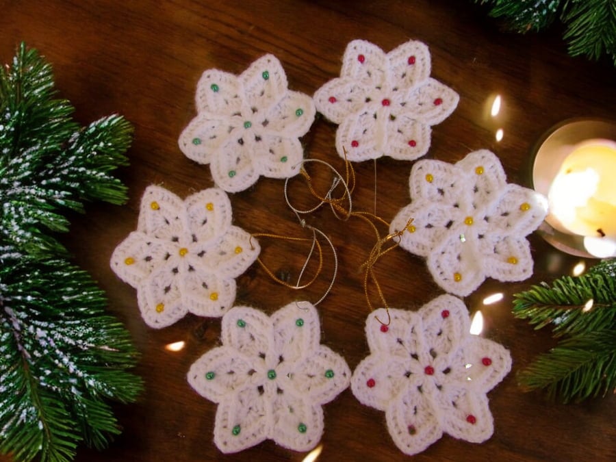 Christmas decorations - white snowflakes with colourful beads - 6 pcs