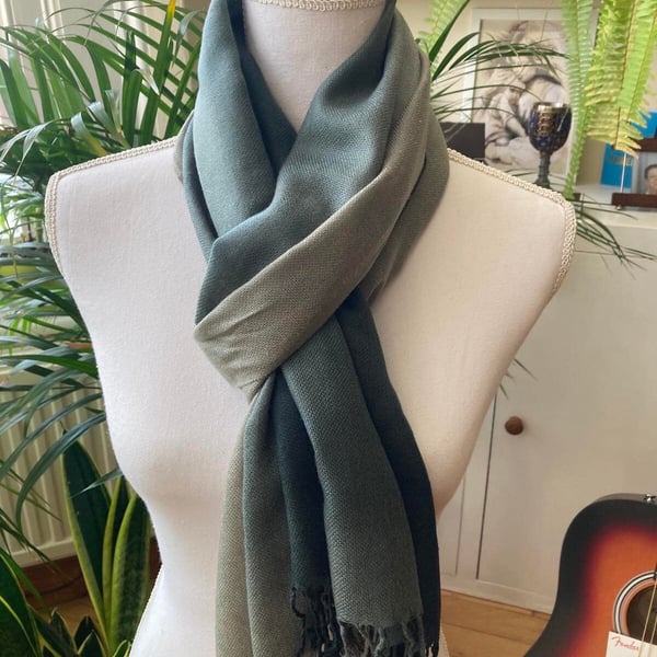 Ombre Gray Casual Rectangular Solid Cotton Scarf - Pashmina Fringe Shawl 