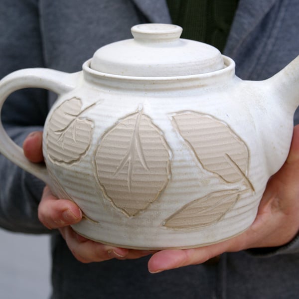 Hand thrown stoneware teapot with leaf design - glazed in vanilla cream