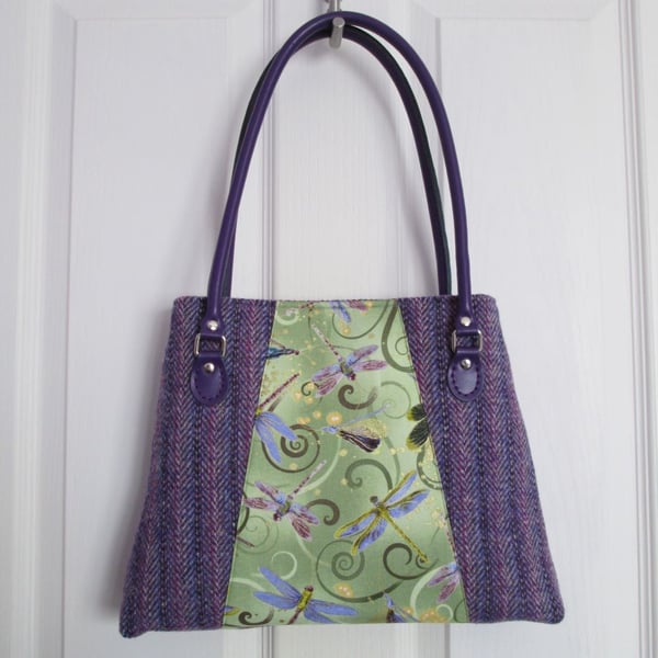 SOLD -Lavender Herringbone 'Harris Tweed' Bag, Dragonfly Panel & Leather Handles