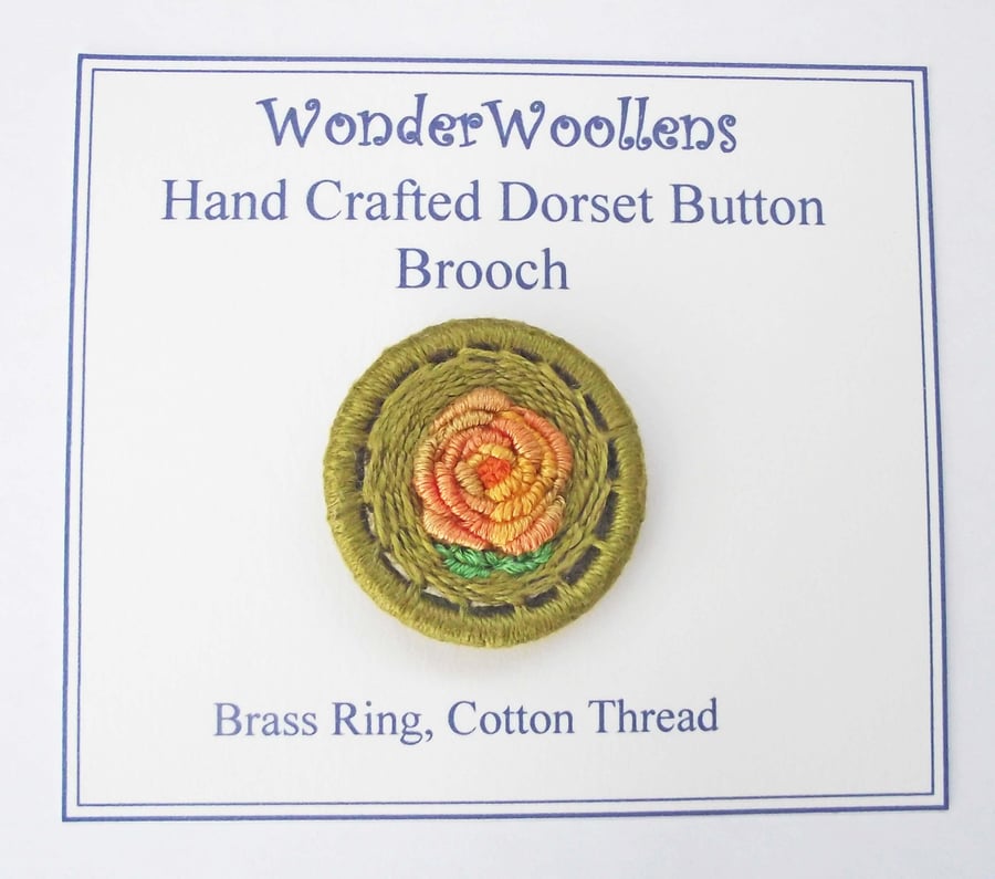 Dorset Button Brooch or Pin, 3.3cm, Orange Gold Rose Green,  Cotton Thread