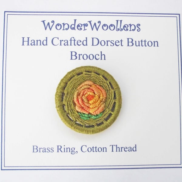 Dorset Button Brooch or Pin, 3.3cm, Orange Gold Rose Green,  Cotton Thread