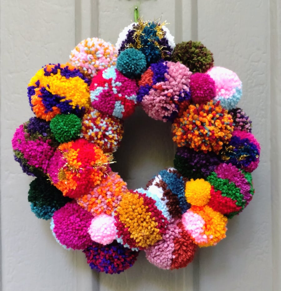 Wool Pompom Wreath, Mixed Colours, Eclectic Bohemian Interiors, Maximalism Decor