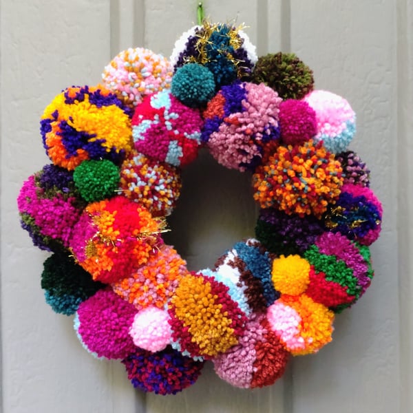 Wool Pompom Wreath, Mixed Colours, Eclectic Bohemian Interiors, Maximalism Decor