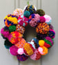 Wool Pompom Wreath, Mixed Colours, Eclectic Bohemian Interiors, Maximalism Decor