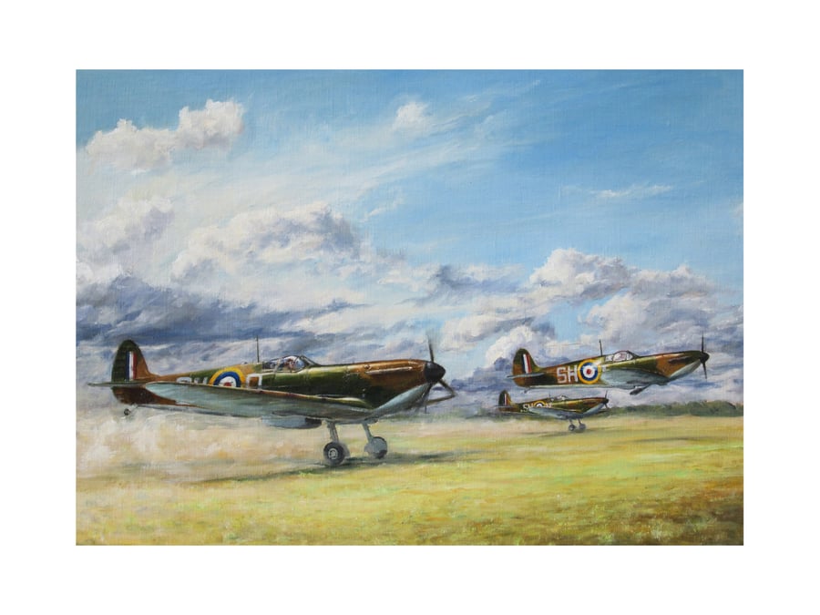 SPITFIRES SCRAMBLE Greeting Card-Vintage Aviation Fine Art-Battle of Britain