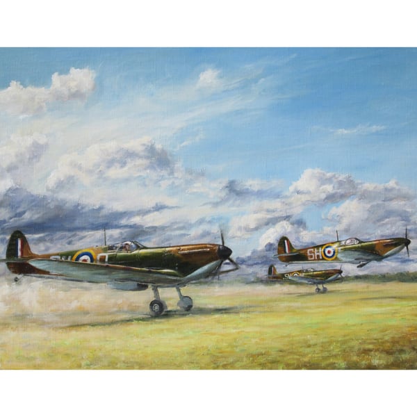 SPITFIRES SCRAMBLE Greeting Card-Vintage Aviation Fine Art-Battle of Britain
