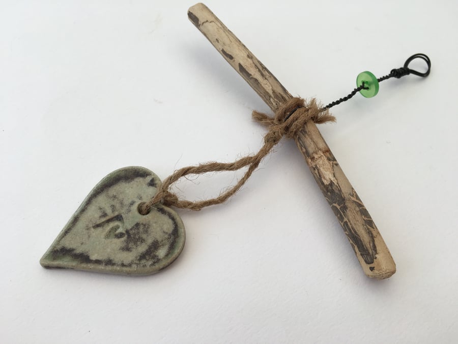 Shabby chic,Driftwood, Loveheart hanger, pottery,gift idea, birthday, home decor