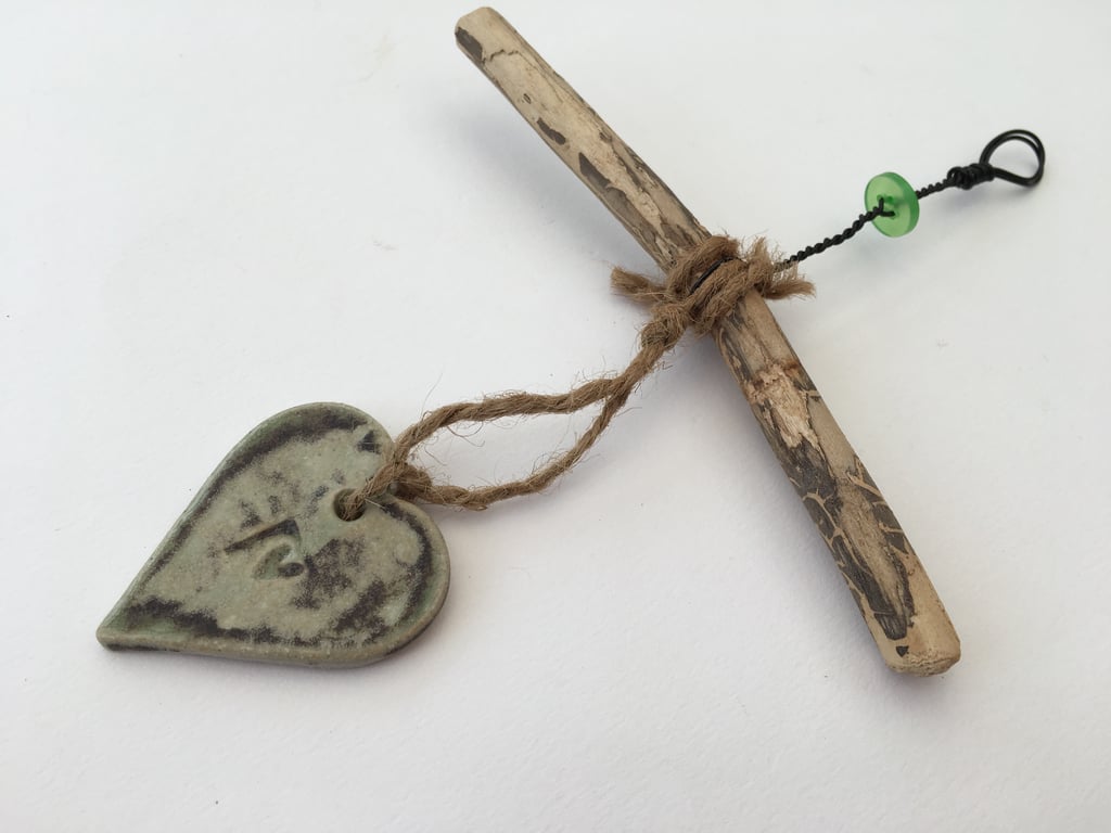 Shabby chic,Driftwood, Loveheart hanger, pottery,gift idea, birthday, home decor