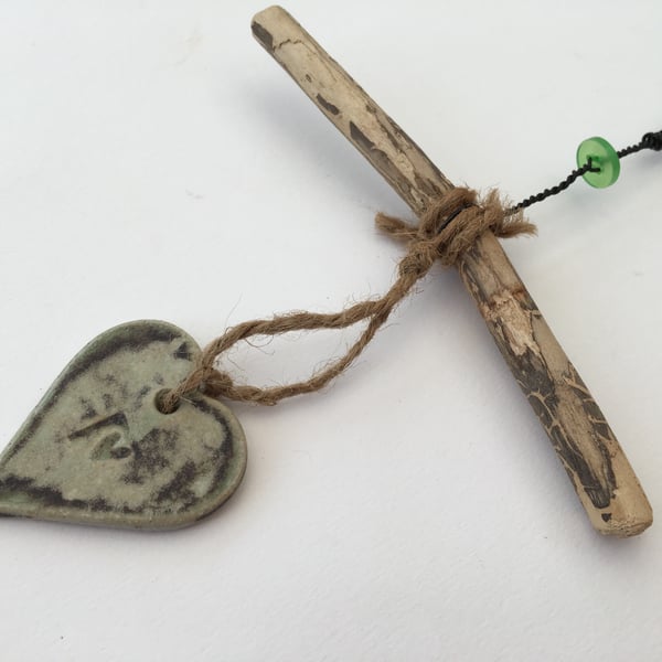 Shabby chic,Driftwood, Loveheart hanger, pottery,gift idea, birthday, home decor