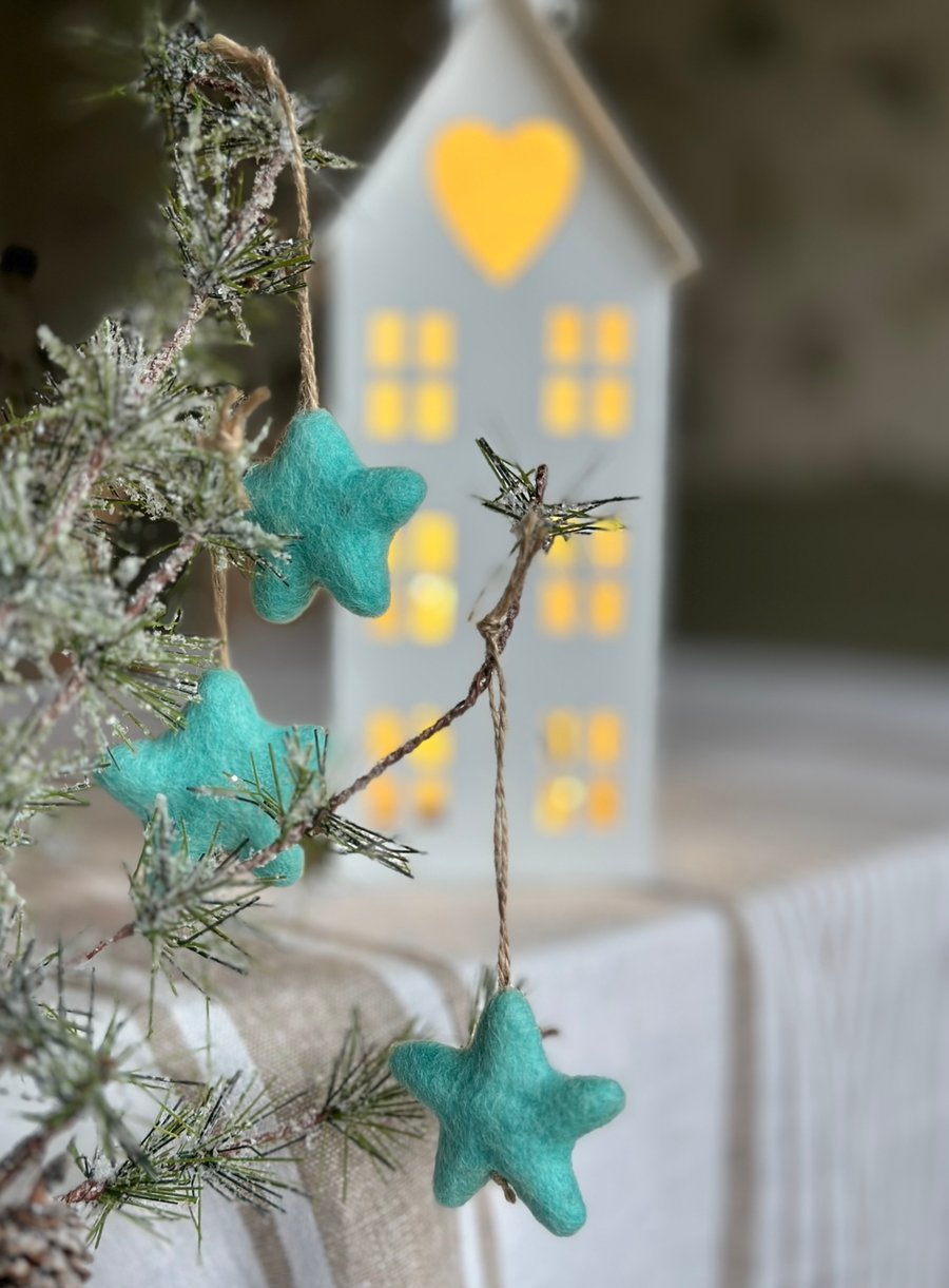 Five Turquoise Needle Felt Star Decorations 
