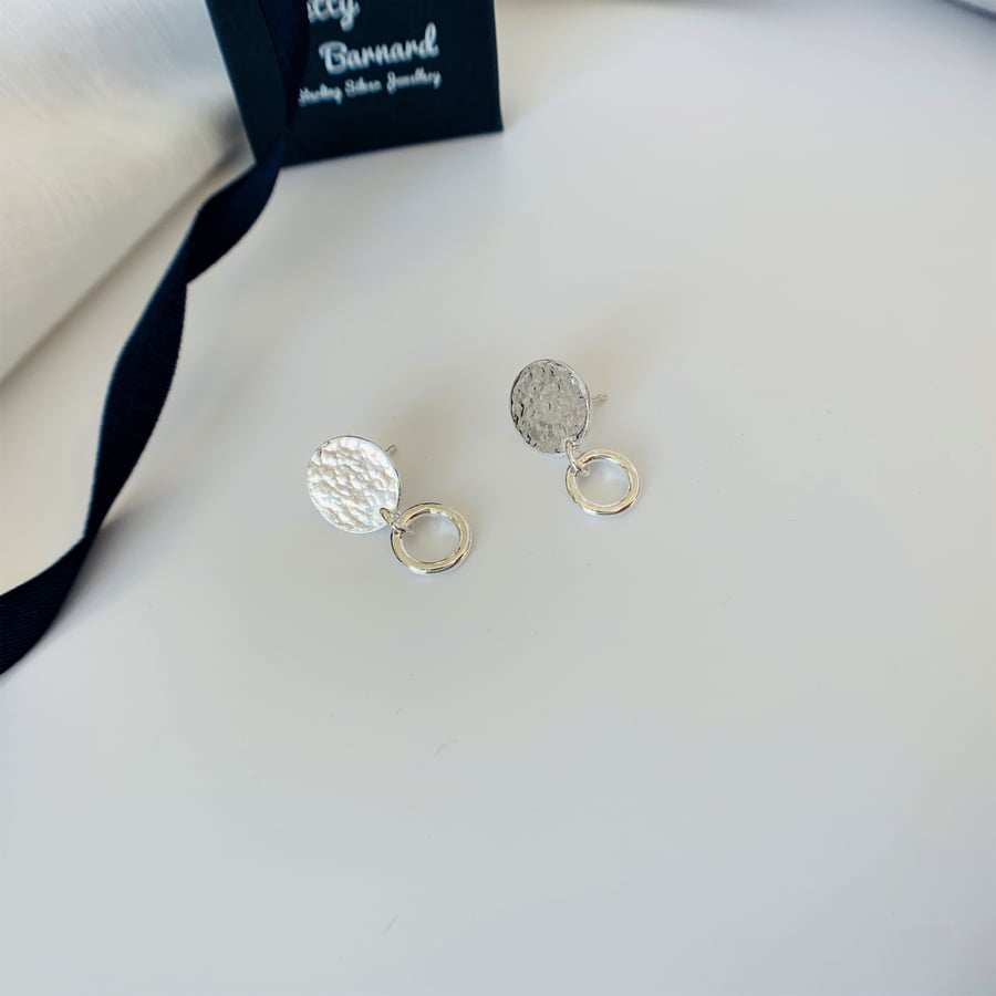 Eco Sterling Silver Hammered Circle with textured Ring Drop Stud Earrings
