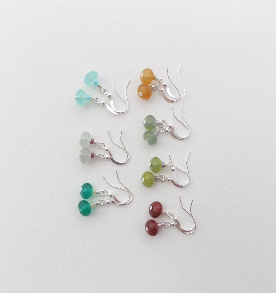 Choice of colours, Small Smooth Everyday, Glass Beaded, Silver Dangle Earrings 