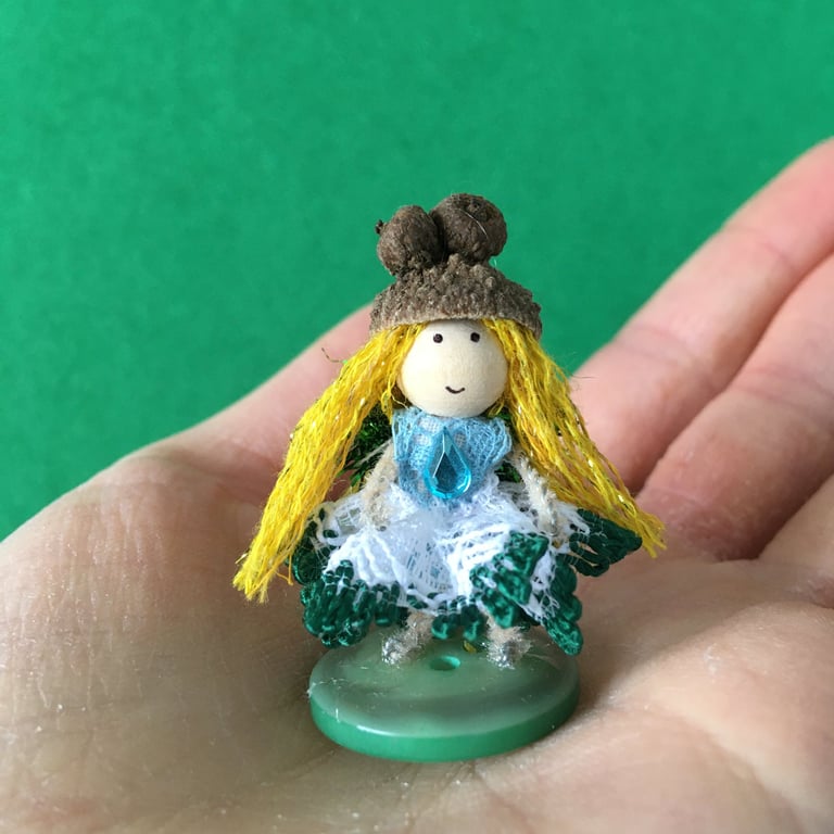 Tiny Yellow Hair Button Fairy, Miniature Decoration With An Acorn Hat