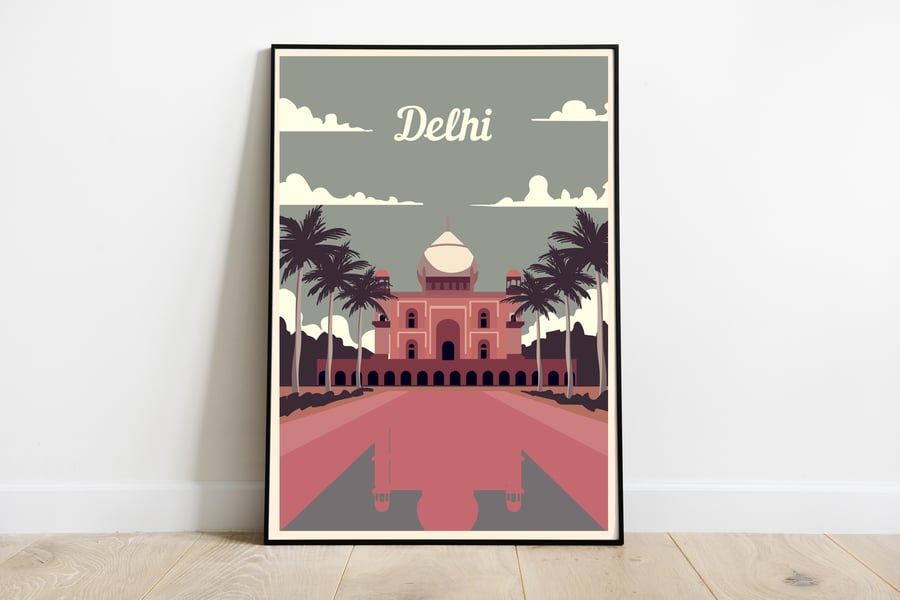 Delhi retro travel poster, Delhi print, India travel poster