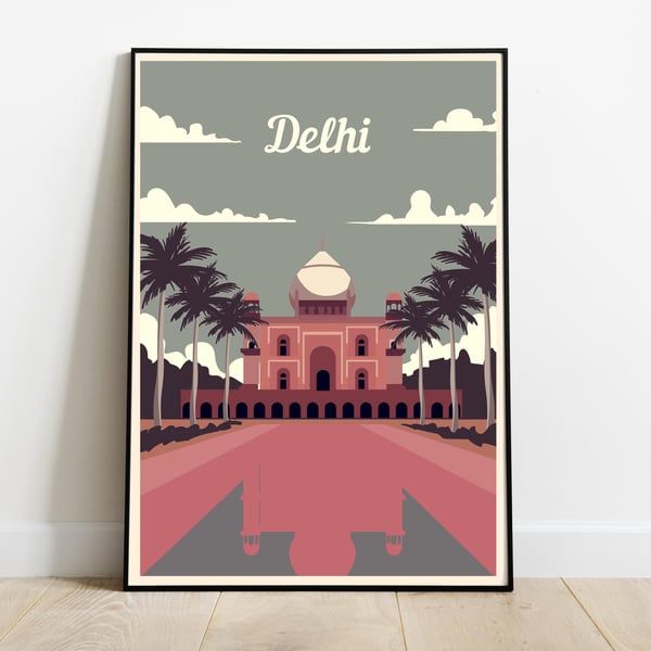 Delhi retro travel poster, Delhi print, India travel poster