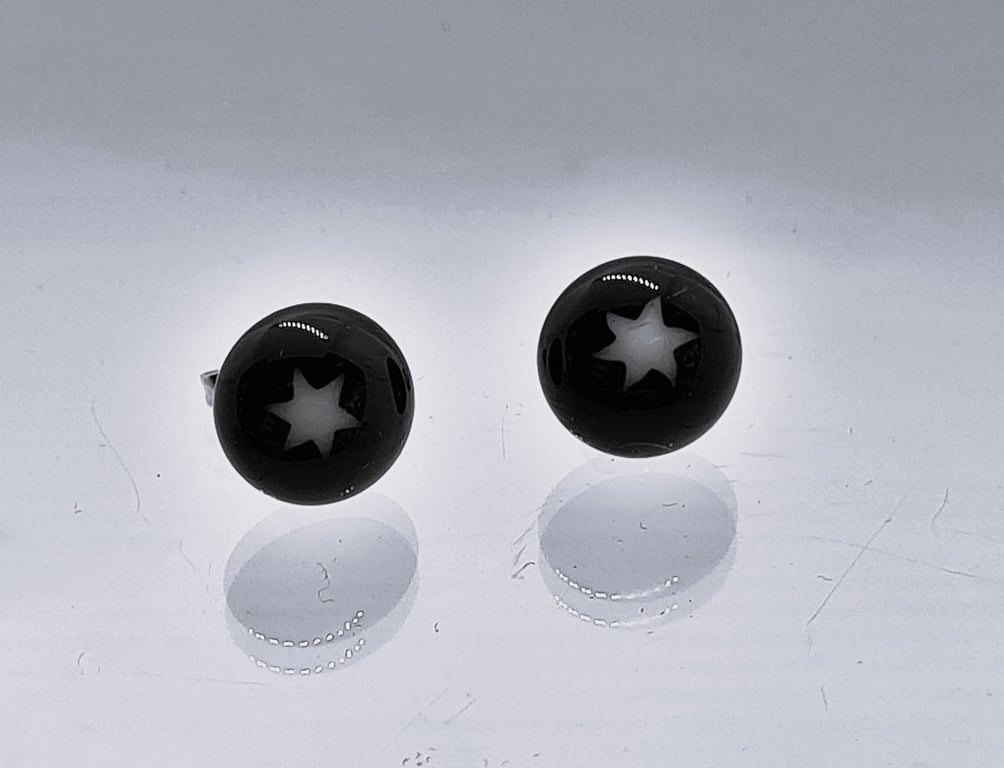 Sterling Silver Stud Earrings Black Glass Star, 12mm