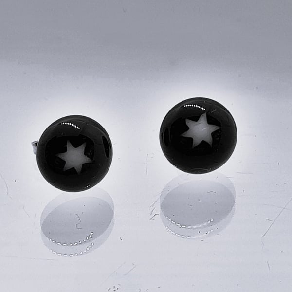 Sterling Silver Stud Earrings Black Glass Star, 12mm
