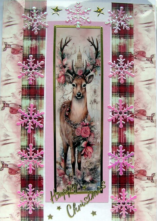 Hand Crafted Decoupage Chistmas Card - Happy Christmas (3243) Reindeer Stag