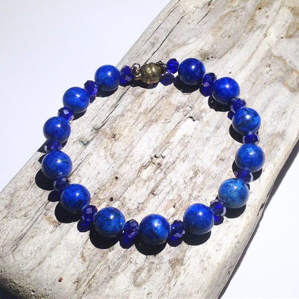 Blue Turquoise Gemstone and Crystal Bead Bracelet.- UK Free Post