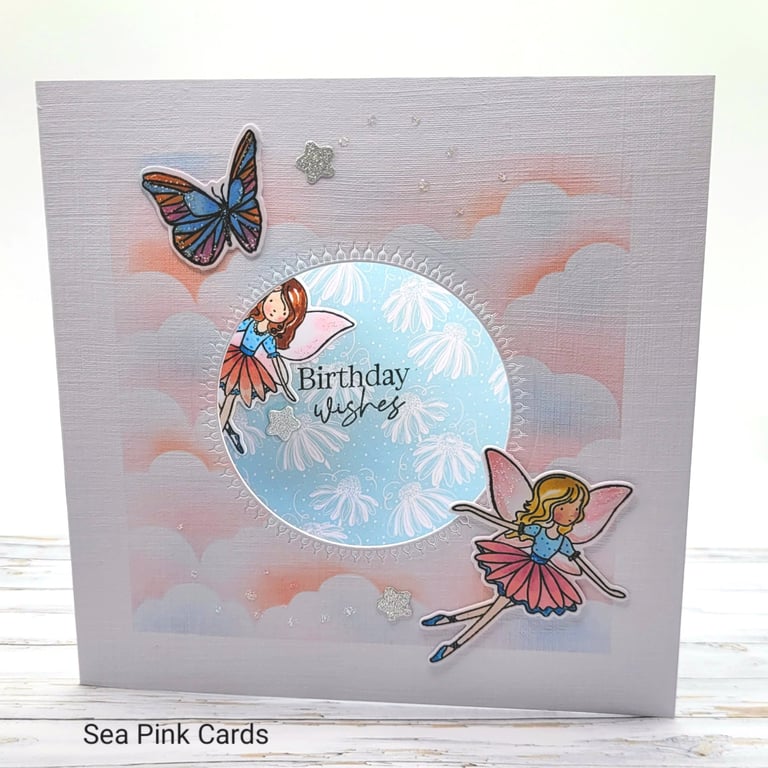 Birthday Card - Butterfly and Fairies, stars, clouds, birthday wishes