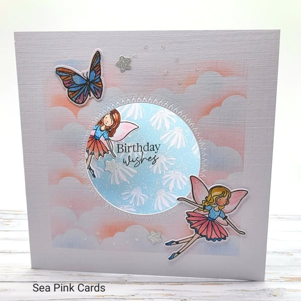 Birthday Card - Butterfly and Fairies, stars, clouds, birthday wishes