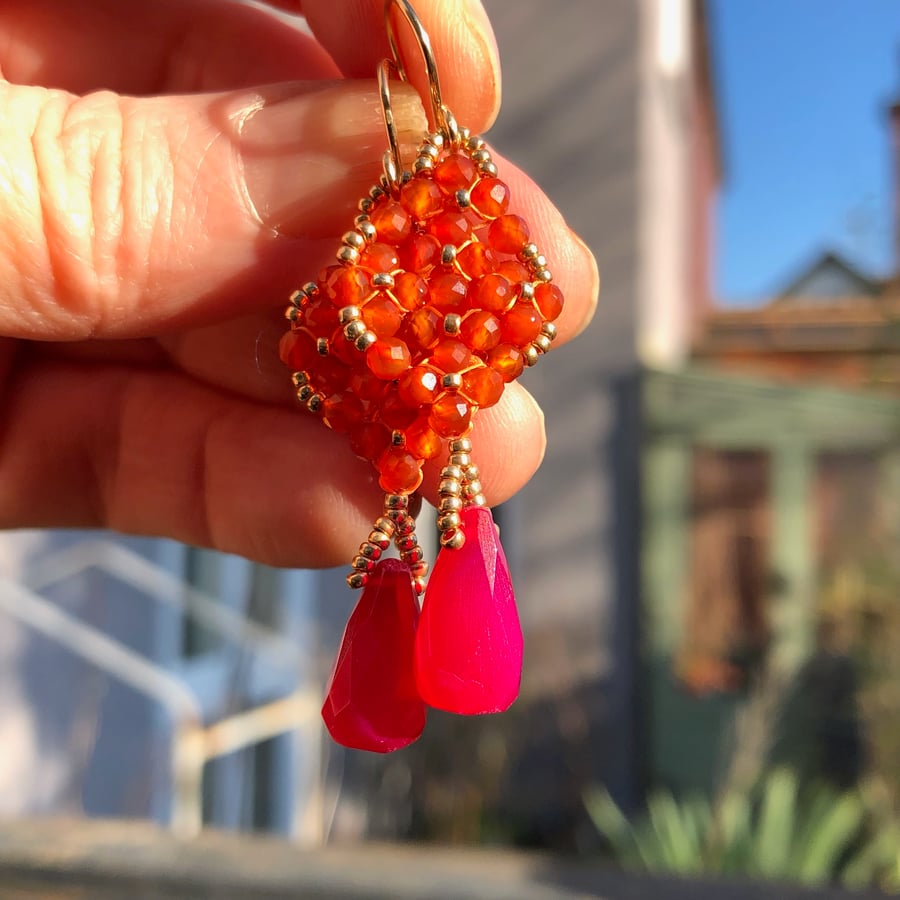 OOAK Orange & Pink Gemstone Beadwork Earrings. Dangly Tudor Vintage Style Boho
