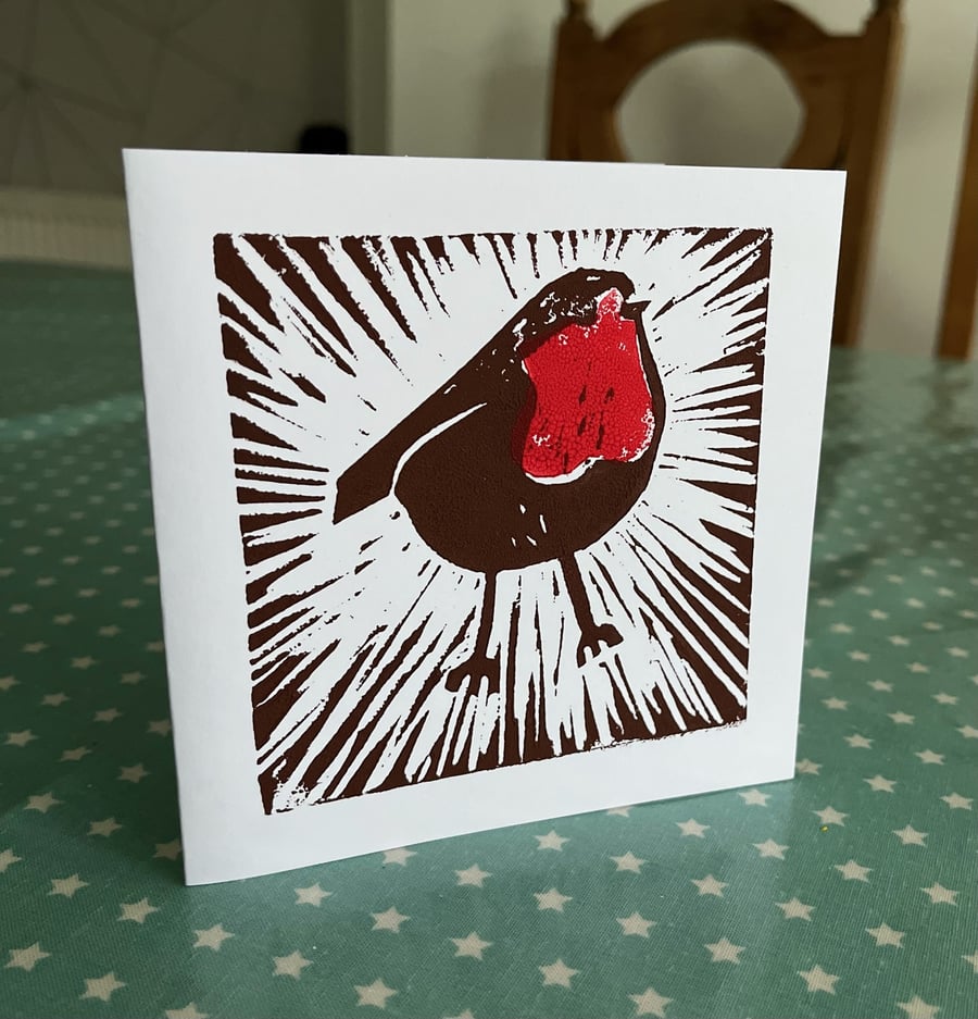 Robin Christmas Card & envelope Hand Printed Linocut Greetings Card in Brown Red