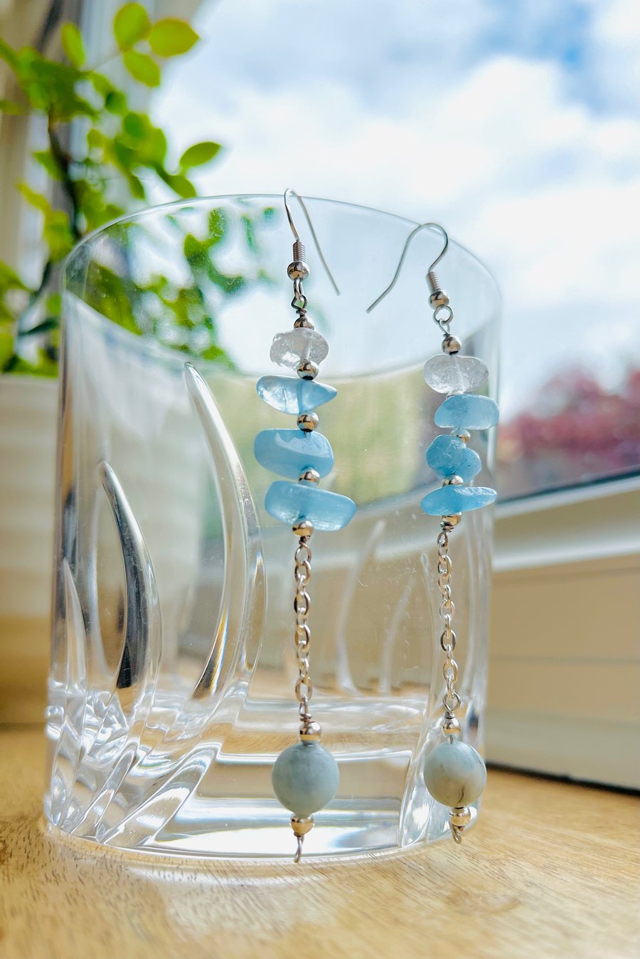 Aquamarine, Clear Quartz, Matte Frosted Morganite Earrings