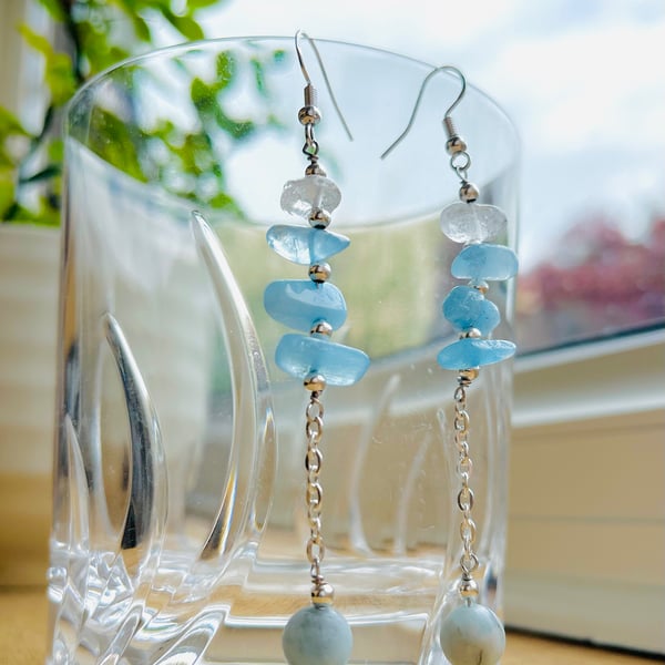 Aquamarine, Clear Quartz, Matte Frosted Morganite Earrings