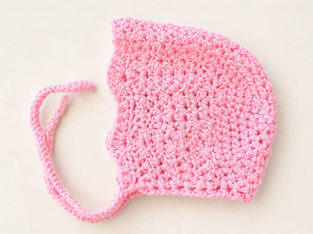 Hand made crochet baby bonnet. Sizes newborn, 0-3, 3-6 & 6-9 months 