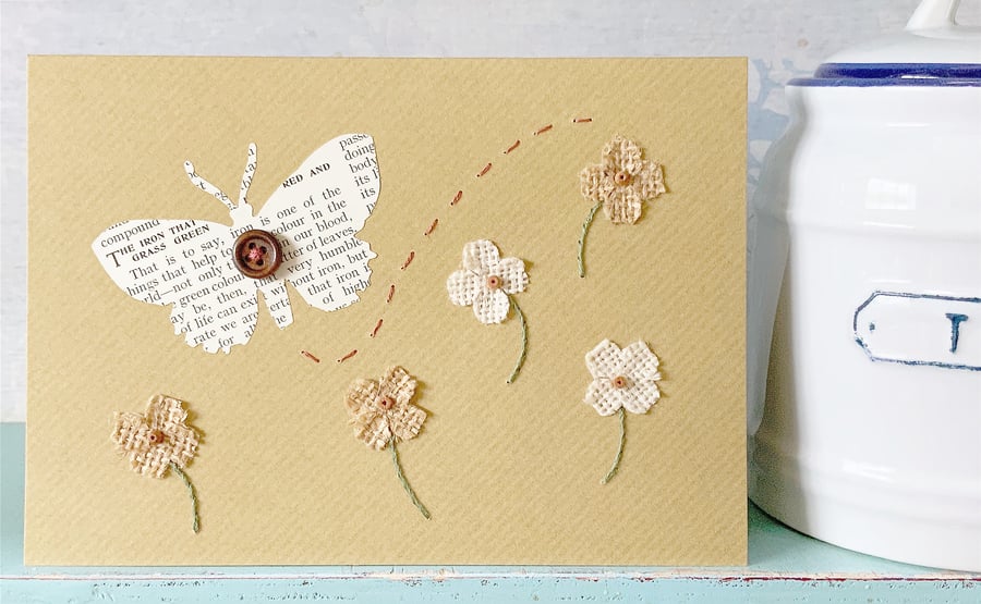 Hand Sewn Card. Butterfly Card. Flower Card. Gardeners Card. Blank Card. 