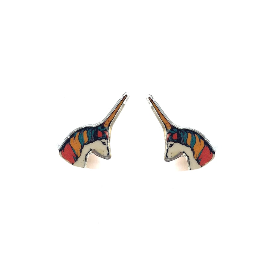 Whimsical wonderful multicoloured unicorn Resin Ear Studs by EllyMental