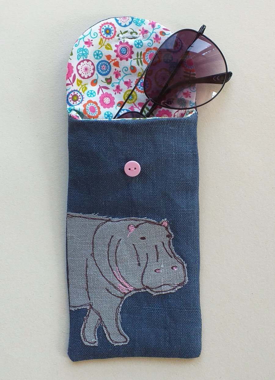 Embroidered Hippopotamus Glasses Case