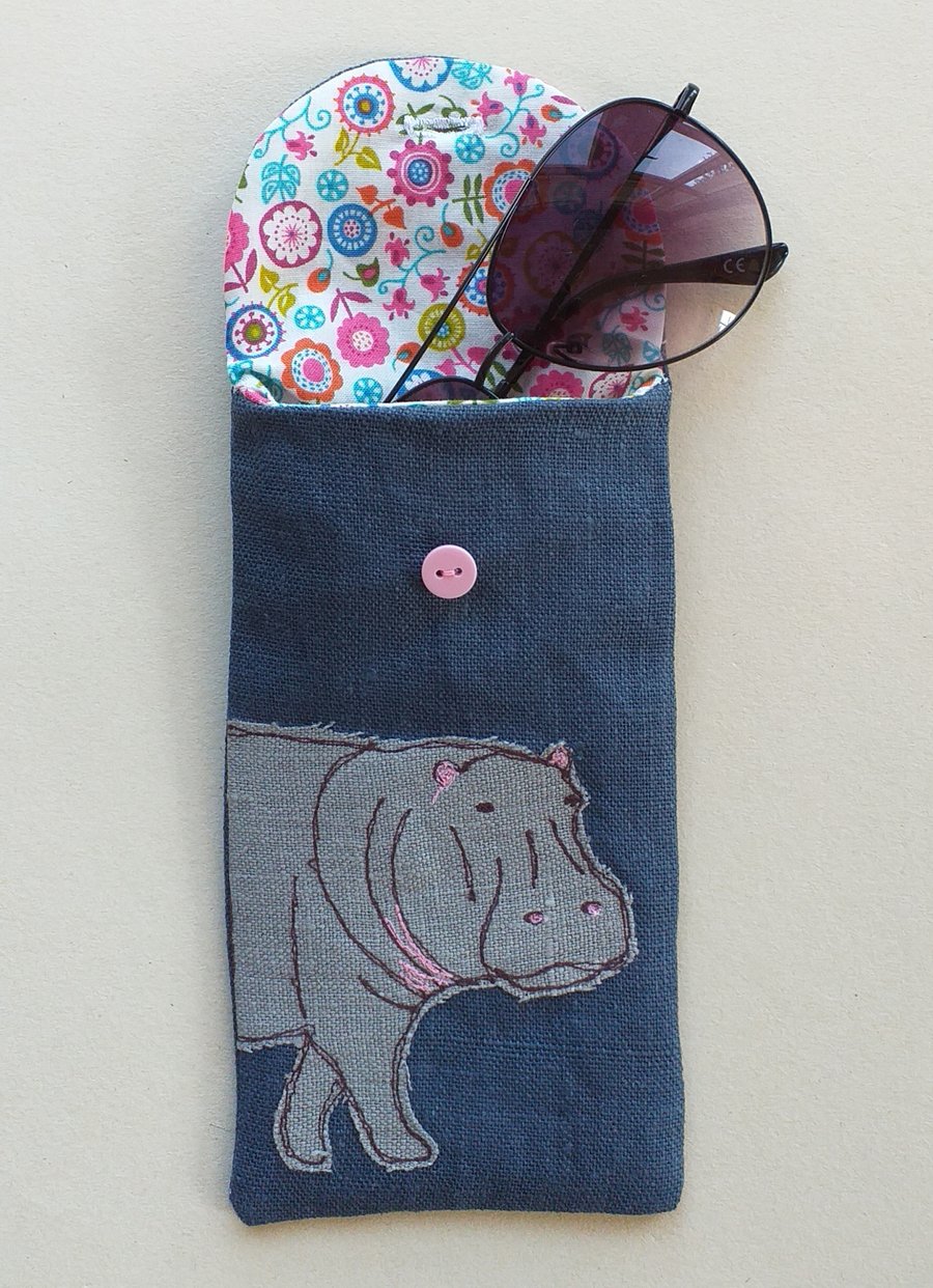 Glasses Case with Embroidered Hippopotamus 