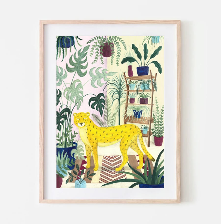 Cheetah illustration - Plant art - Monstera plant - Jungle art - A4 art print