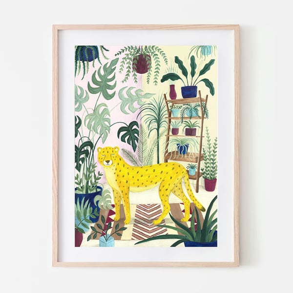 Cheetah illustration - Plant art - Monstera plant - Jungle art - A4 art print