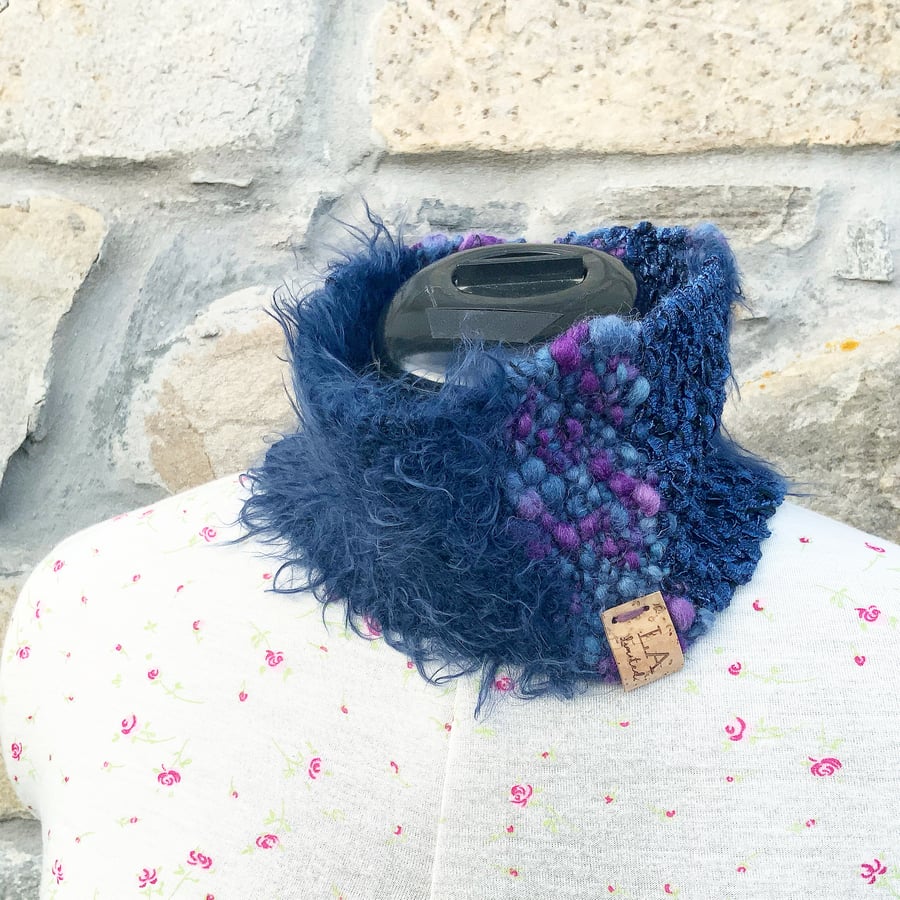 Hand Knitted Headband. Mixed Yarn Neck Warmer. Handmade Cowl. Christmas Scarf.