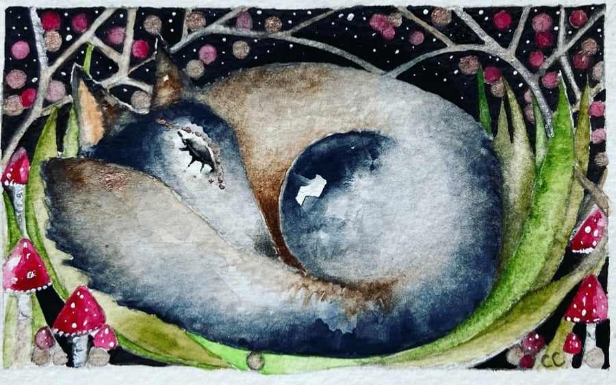 Mounted Original Woodland Sleeping Wolf under the Moon Watercolour 