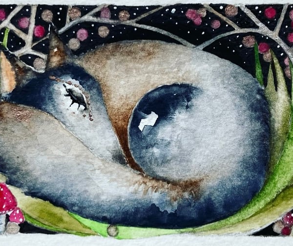 Mounted Original Woodland Sleeping Wolf under the Moon Watercolour 