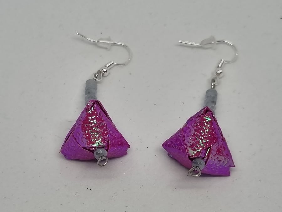 Origami earrings:  purple pink iridescent paper and small faceted beads 