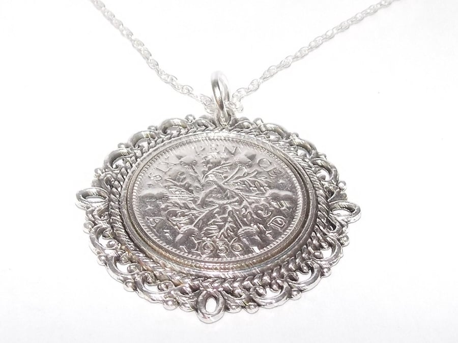 Fancy Pendant 1936 Lucky sixpence 88th Birthday plus a Sterling Silver 18in Chai