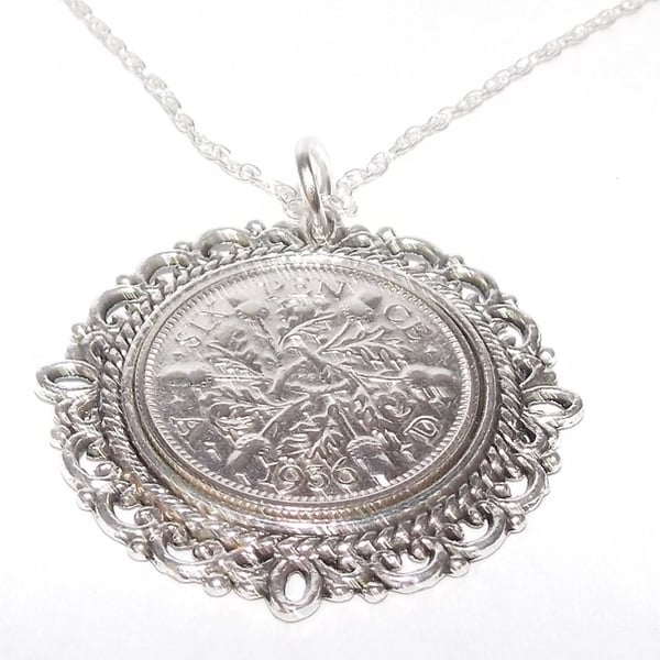Fancy Pendant 1936 Lucky sixpence 88th Birthday plus a Sterling Silver 18in Chai