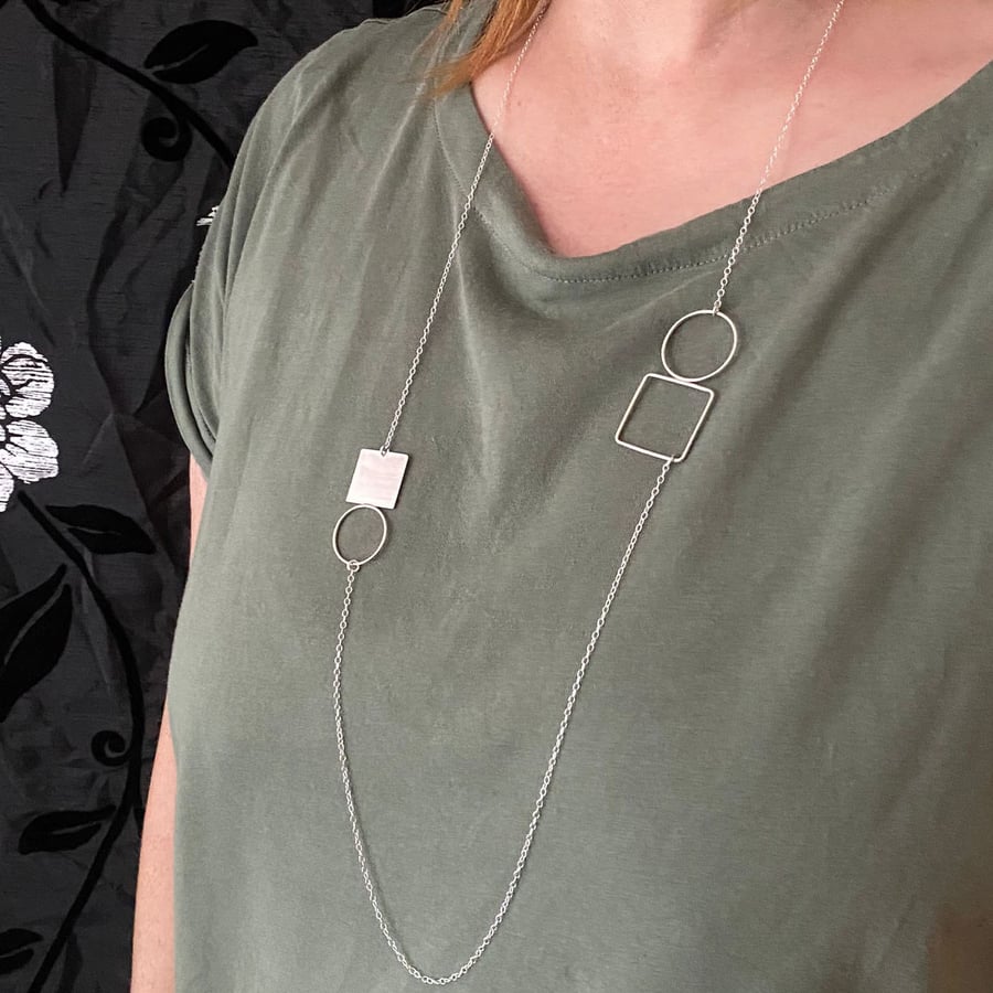 Recycled sterling silver double circle & square necklace - wire jewellery 