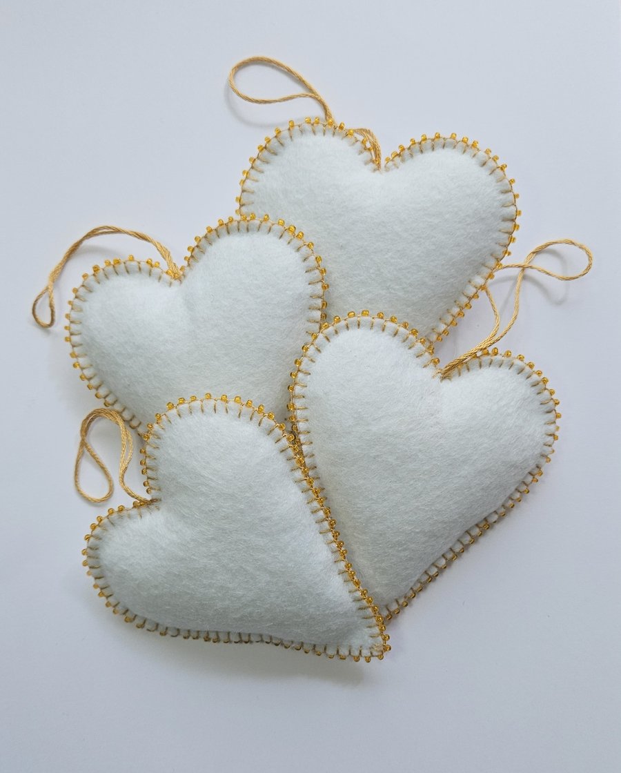 Gold Bead Trimmed White Hearts