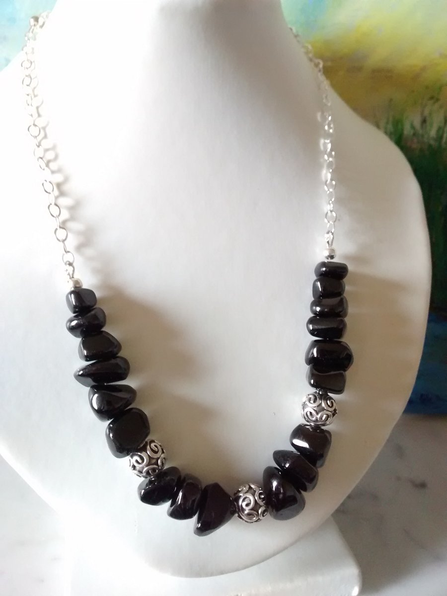 BLACK SPINEL NUGGET AND SILVER NECKLACE - CHRISTMAS GIFT,  FREE UK SHIPPING 
