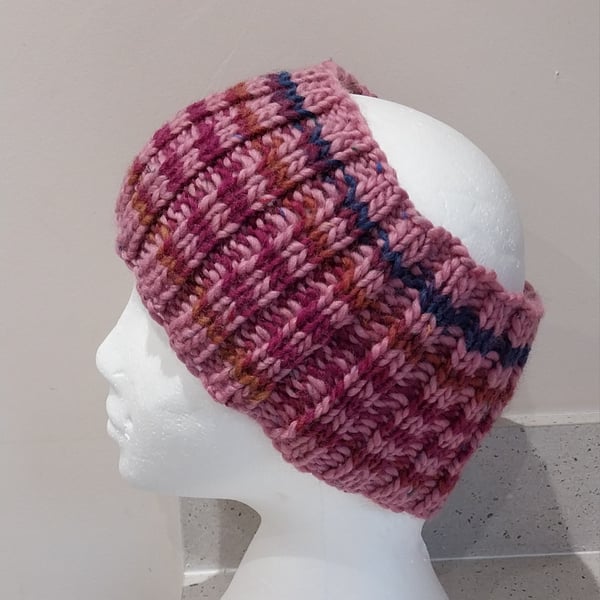 Hand Knitted stripey Merino Headband in soft pink M